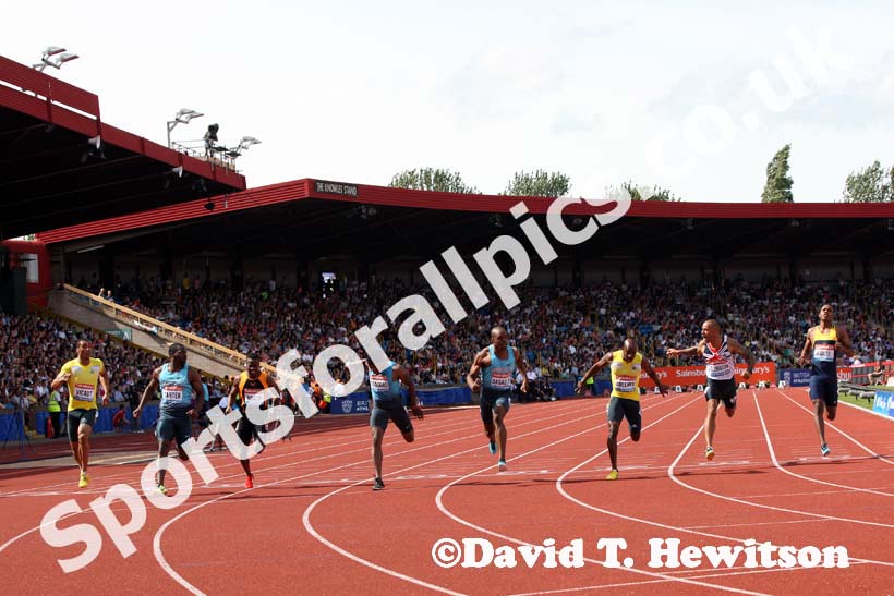 Mens 100 metres, from left to right: Nesta Carter, Kimmari Roach,  Michael Rodgers, James Dasaolu, Kim Collins, James Ellington and Junio Forte at the IAAF Diamond League, Birmingham.